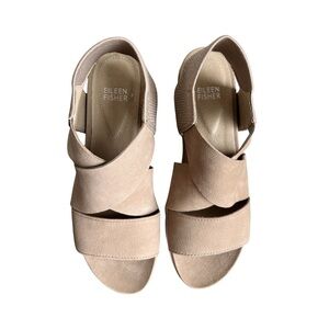 Eileen Fisher Taupe Suede Crisscross Wedge Sandals